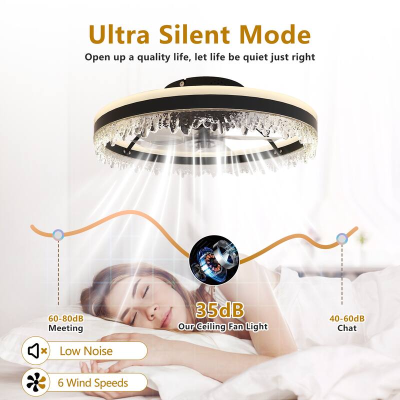 20-inch Black Smart Ceiling Fan Light with Silent Function, Multi-Speed Adjustment