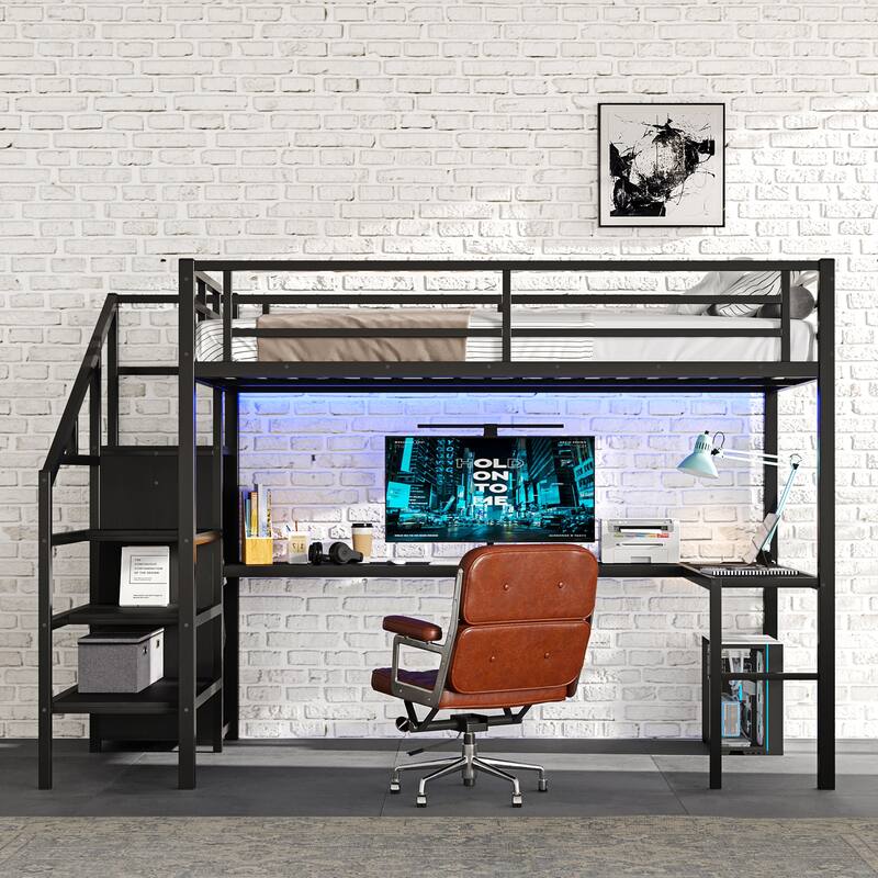 Full Size Loft Bed with L-shaped Desk & Wardrobe, USB Ports & LED Lights, High Sleeper for Teens and Adults