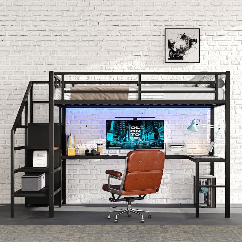 Roomfitters Full Metal Loft Bed with Wardrobe and L-Shaped Desk, Storage Stairs with LED, Black - Black