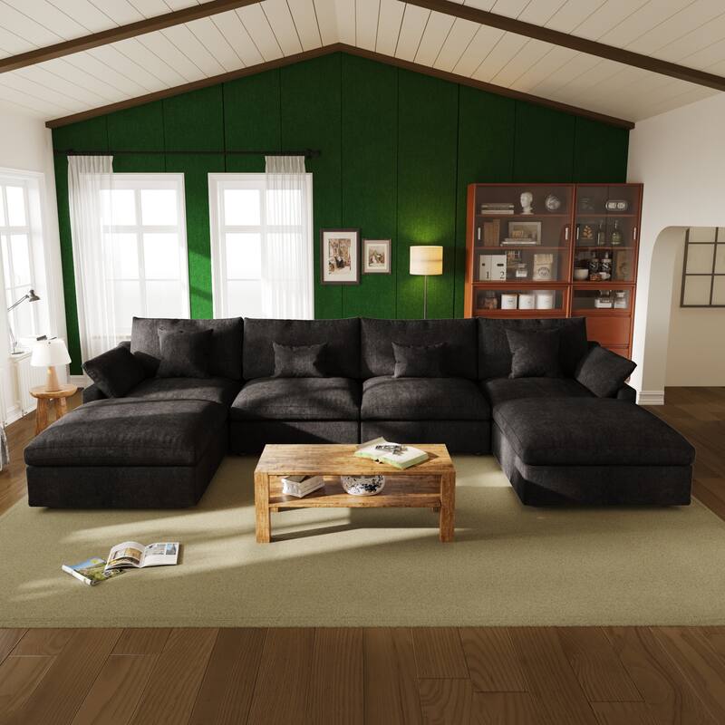 Oversized Linen Sectional Sofa Down Filled U-Shaped Couch for Living Room Set - Black