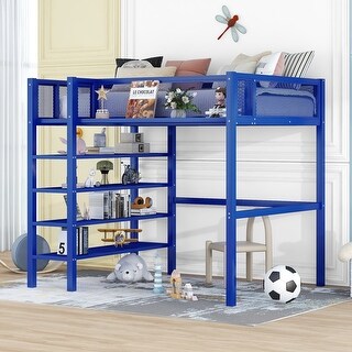 Blue Modern Style Twin Size Multi-functional Loft Bed with 4-Tier Shelves, Workstation, and Storage, Sturdy Metal Frame