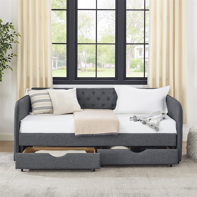 Twin Size Linen Upholstery Daybed with Trundle and 2 Drawers
