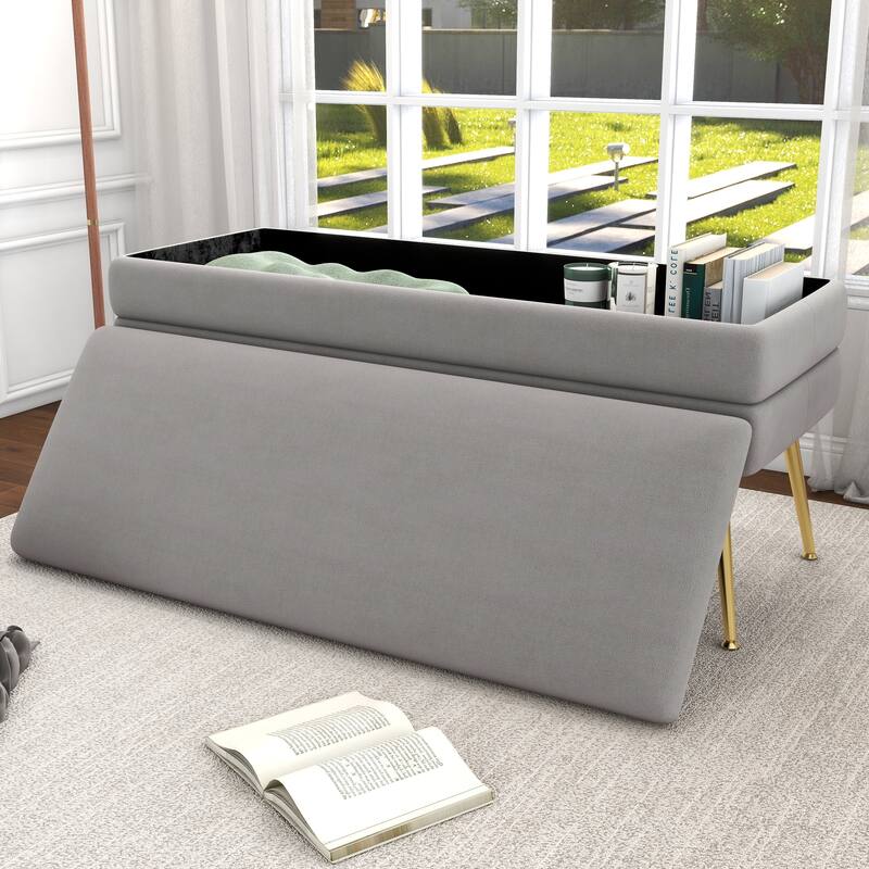 Modern Velvet Storage Ottoman Bench with Metal Legs