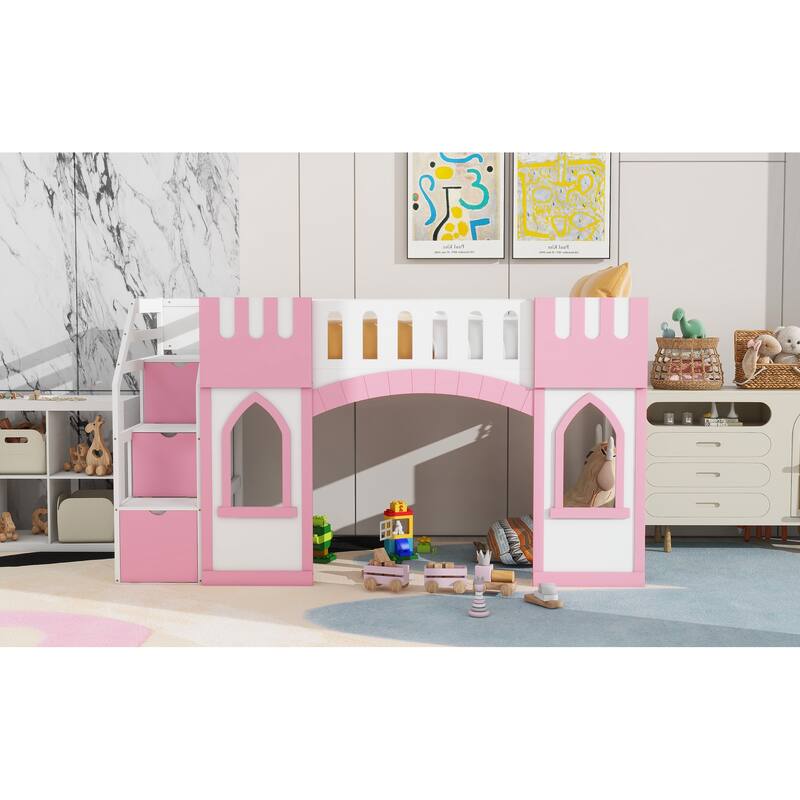 Pink Solid Wood Loft Bed with Storage Staircase and Window