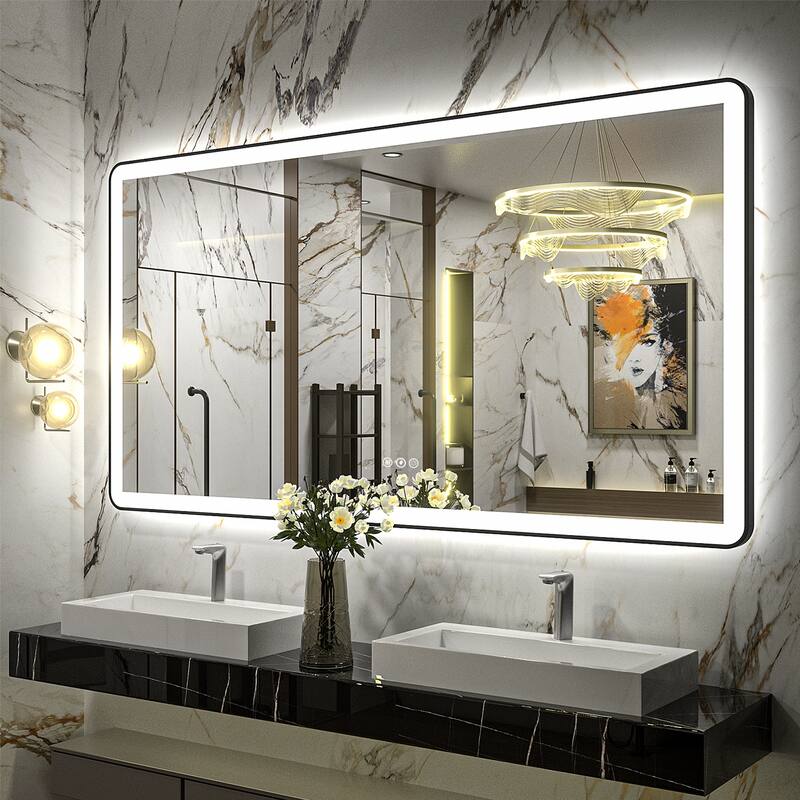 KIOTEE Rectangular Framed Front & Back LED Lighted Anti-Fog Tempered Glass Bathroom Vanity Mirror with ETL and 3-Year Warranty - 55x30
