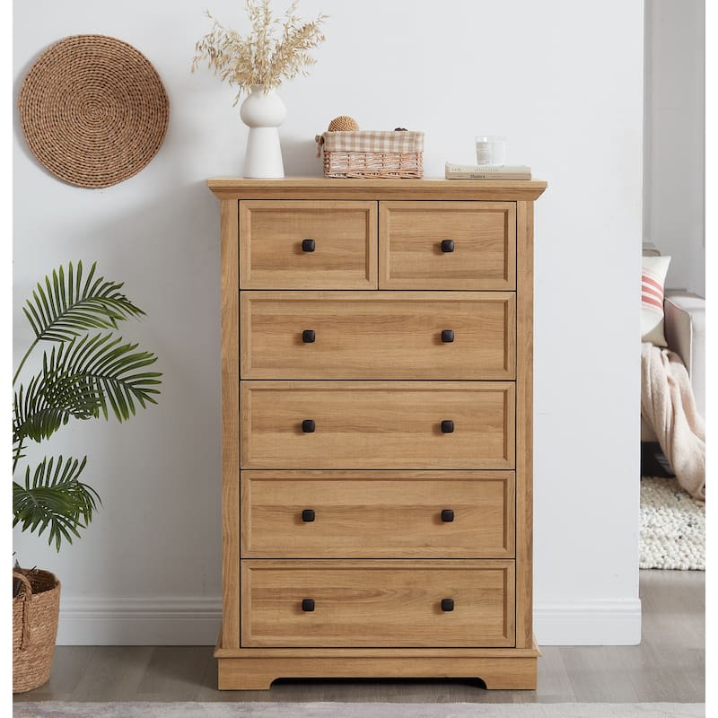 Oak 6-Drawer Dresser, Tall Chest of Drawers for Living Room Org - Oak