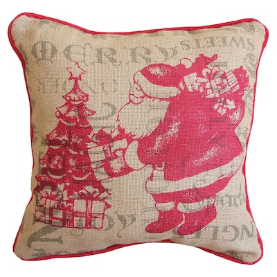 14" X 14" Beige and Red Christmas Santa Jute Pillow