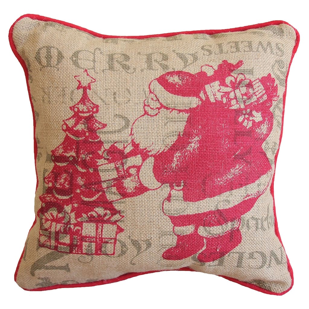 14" X 14" Beige and Red Christmas Santa Jute Pillow