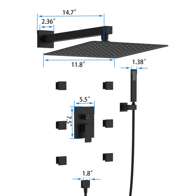 12" Wall Mount Rainfall 3 Way Thermostatic Faucet Shower System with Slide Bar, 6 Jets