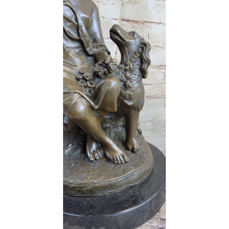 Clical Girl With Puppy Imitative Dog Bronze Statue Sculpture Figure On Marble Base 15 Inches X 8 Inches