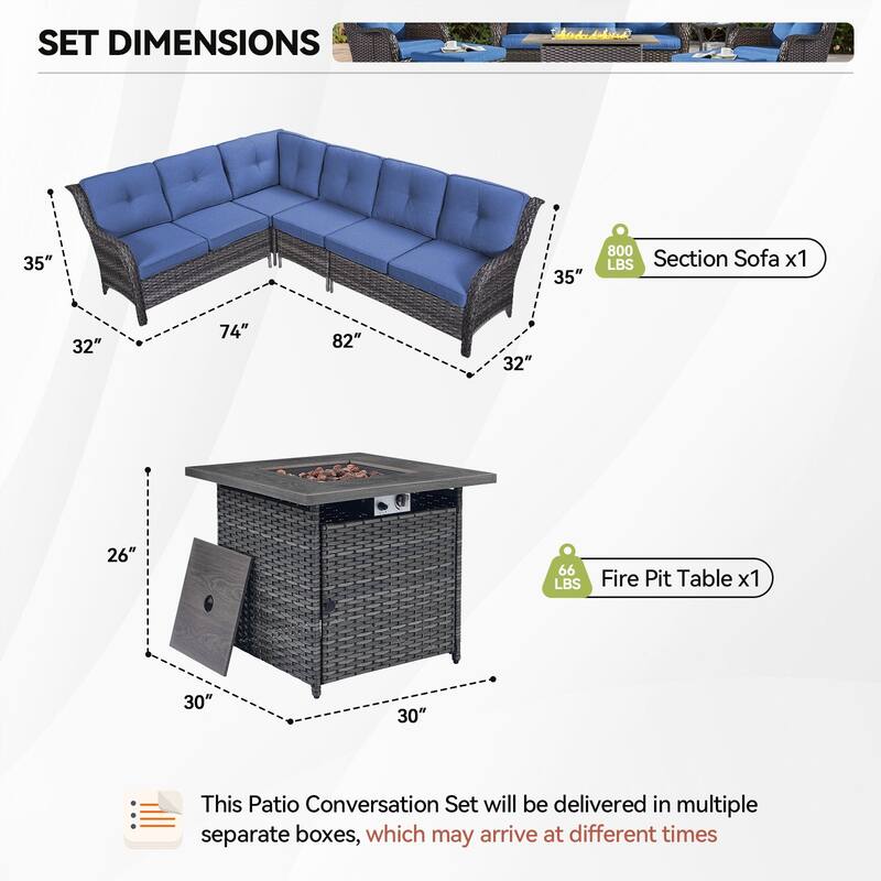 Outdoor 2 Sectional Sofa with Fire Pit Table Set