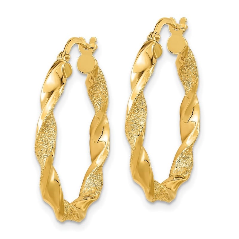 Curata 14k Yellow Gold Polished and Textured Twisted 25.75x3mm Hoop Earrings