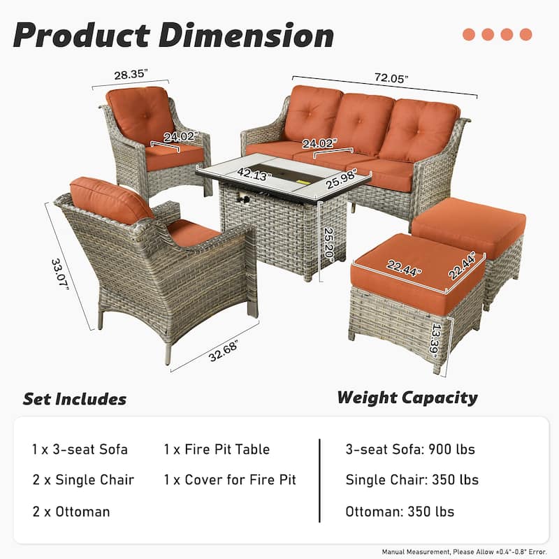 XIZZI 6-piece Rattan Wicker Outdoor Furniture Deep Seat Sofa Set with Fire Pit
