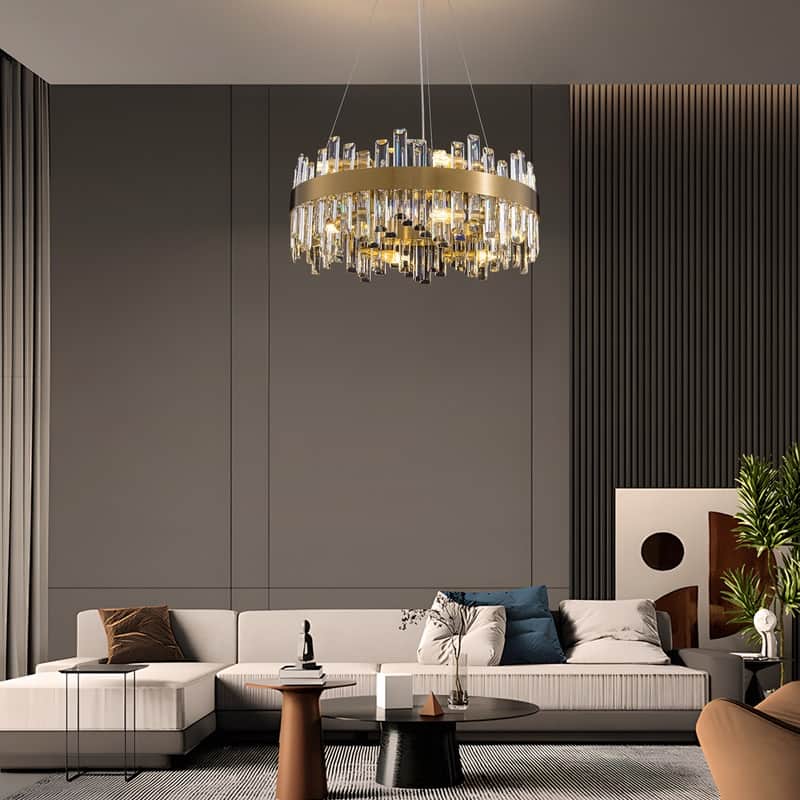 24 in. 2-Tier Modern Crystal Chandelier Brass Gold Round Crystal Raindrop Chandelier Contemporary Pendant Light for Dining Room