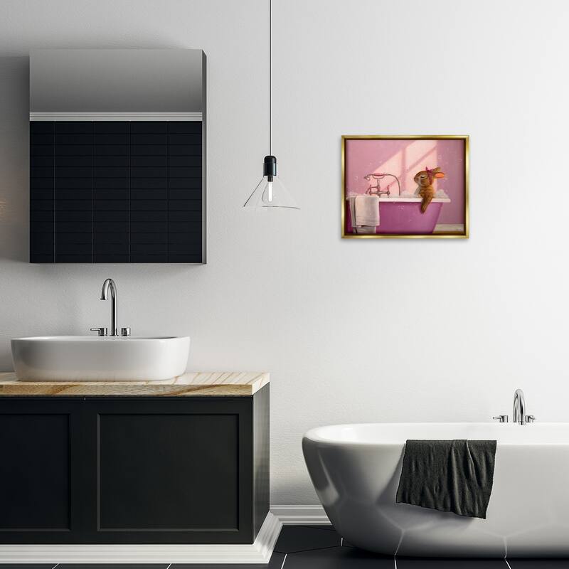 Stupell Bunny in Pink Relaxing Bath Framed Floater Canvas Wall Art Design By Lucia Heffernan