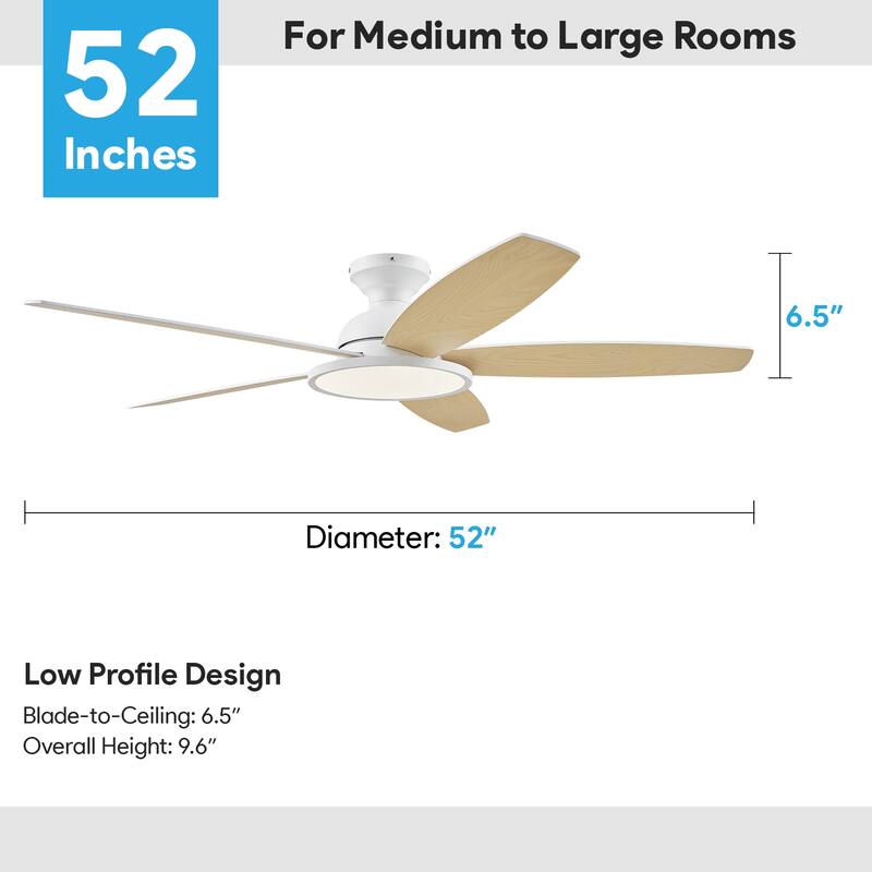 5 - Blade Low Profile Flush Mount Modern Ceiling Fan with 3CCT LED Light and Remote