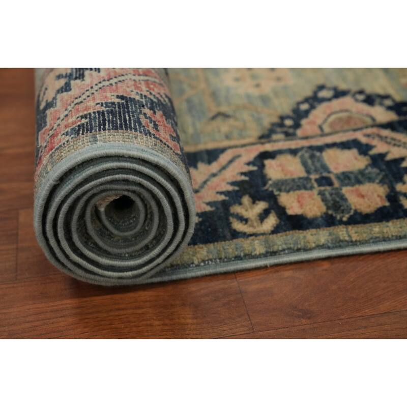 Hand Knotted Oriental 100% Wool Carpet Traditional Floral Navy Blue & Blues Ziegler Runner Rug - 22' 5'' X 3' 0''