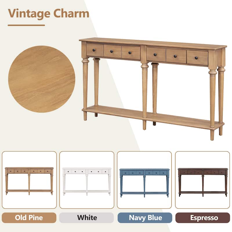 59" Retro Console Table with Open Shelf and 4 Drawers