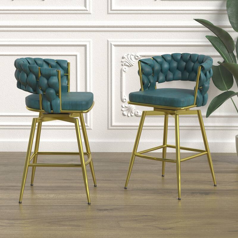 360 Swivel Suede Woven Bar Chair Set of 4, Upholstered Barstools with Metal Base