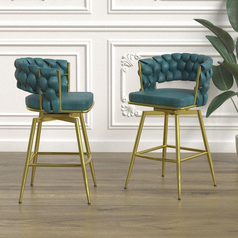 Suede Woven Bar Stool Set of 2,Golden legs Barstools No Adjustable Chairs,360 Swivel Upholstered Bar Stools with Back Footrest - Blue