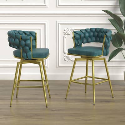 Suede Woven Bar Stool Set of 2,Golden legs Barstools No Adjustable Chairs,360 Swivel Upholstered Bar Stools with Back Footrest