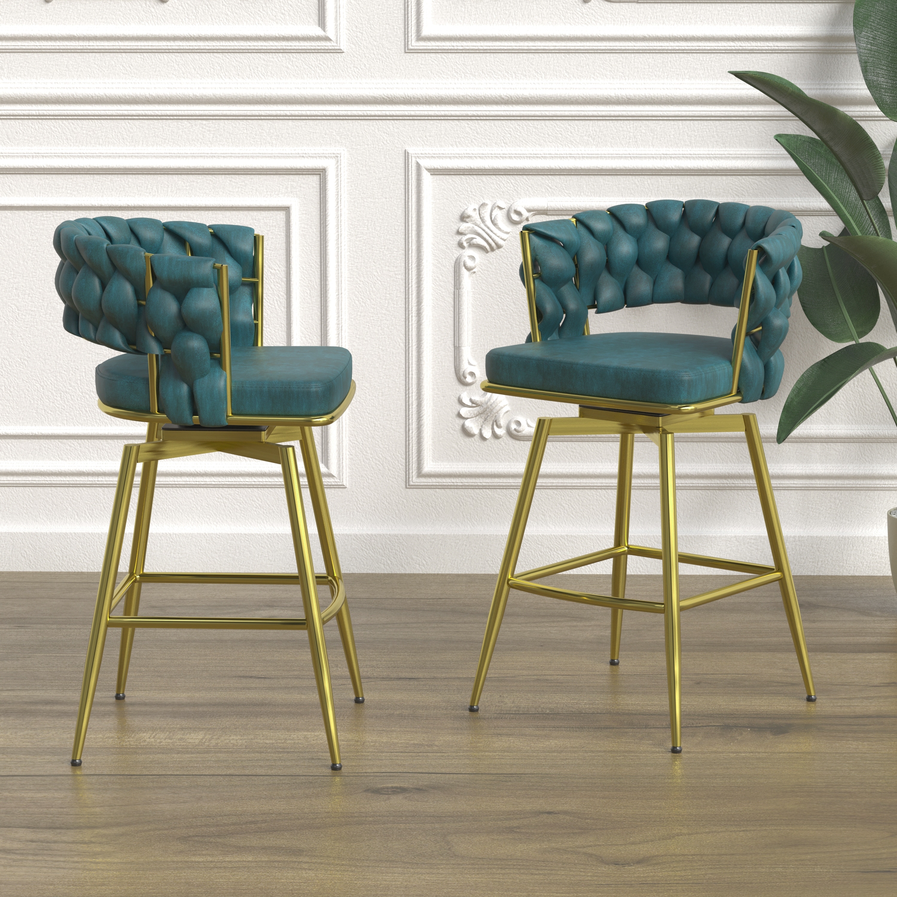 Suede Woven Bar Stool Set of 2,Golden legs Barstools No Adjustable Chairs,360 Swivel Upholstered Bar Stools with Back Footrest