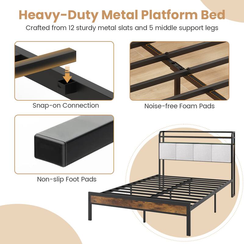 Bed Frame with LED Lights Charging Ports and Storage Headboard