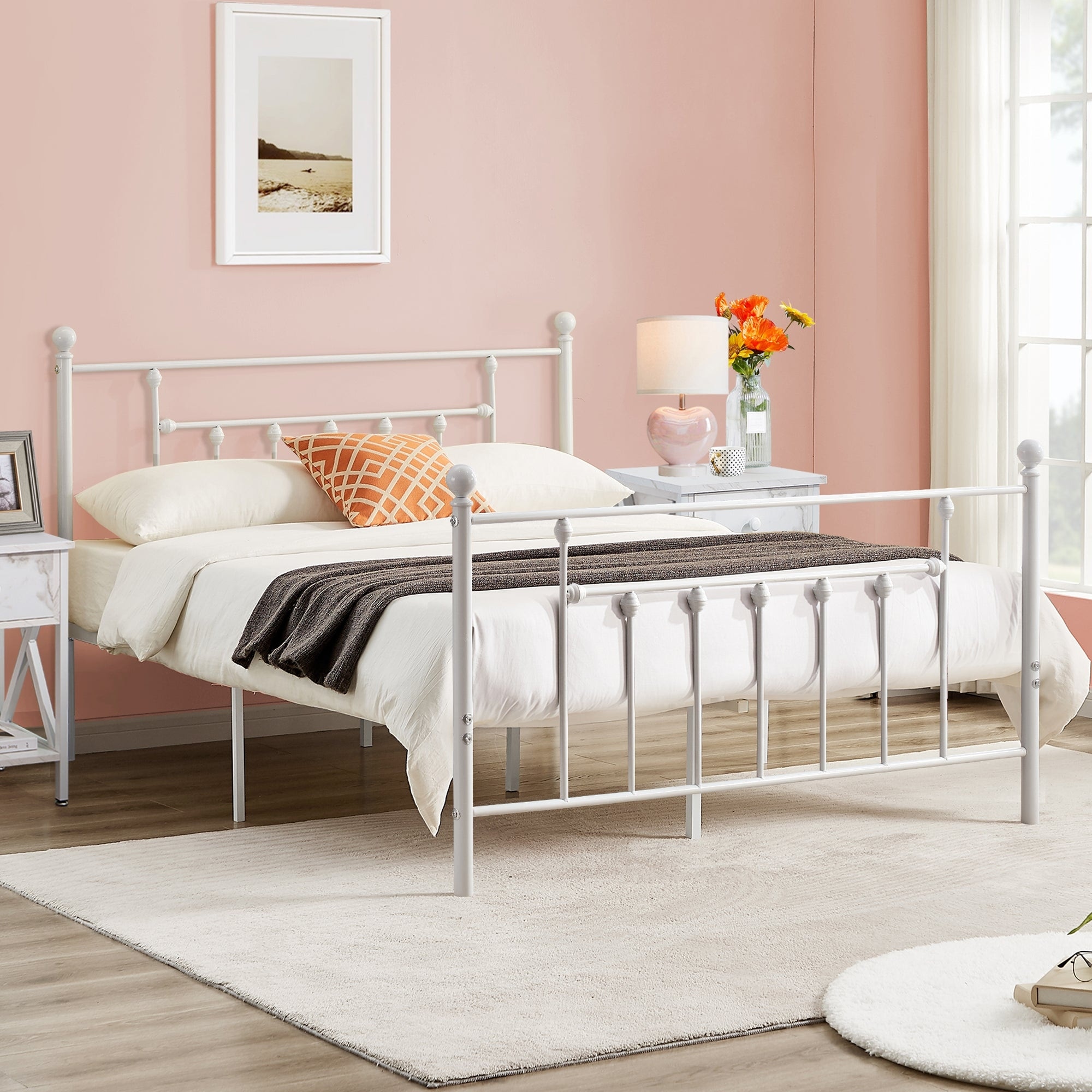 White Platform Bed Frame With Headboard, Twin/ Full/Queen