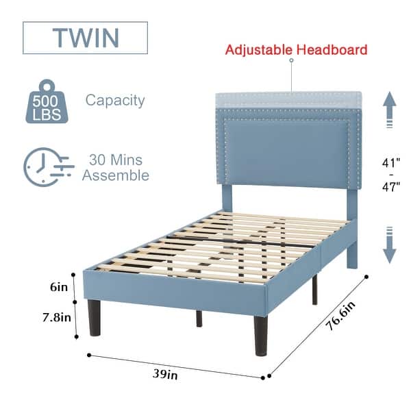 dimension image slide 2 of 30, VECELO Upholstered Bed Frames with Height Adjustable Headboard