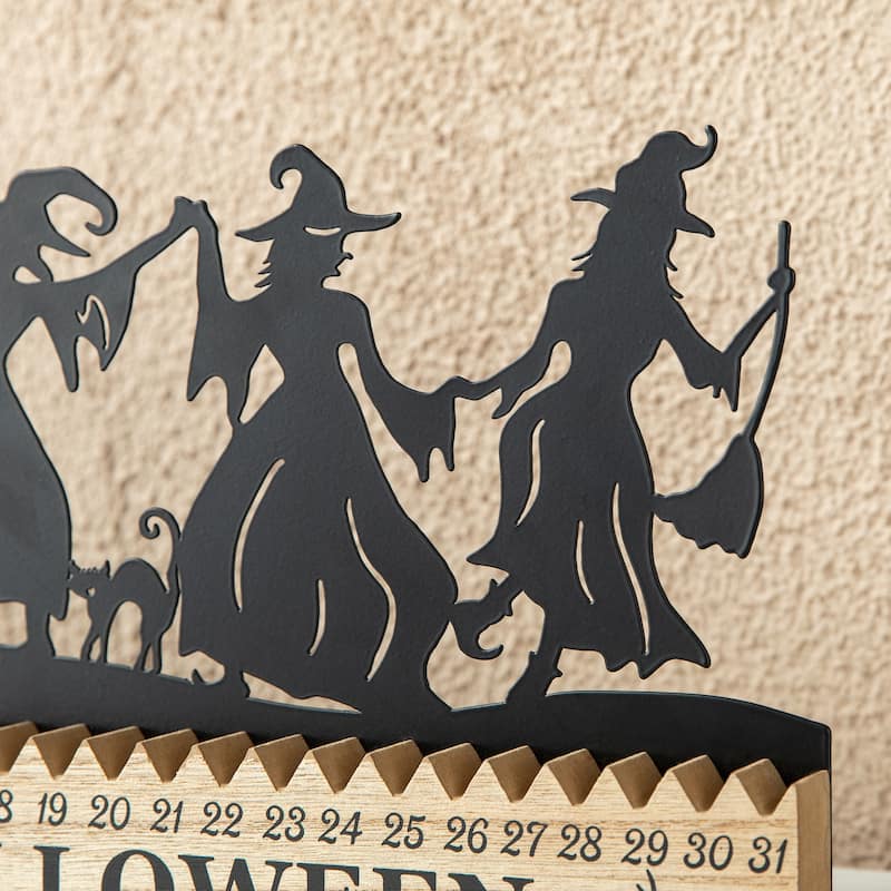 Glitzhome 18"L Happy Halloween Wooden Metal Dancing Witch or Ghost Countdown Calendar Table Decor