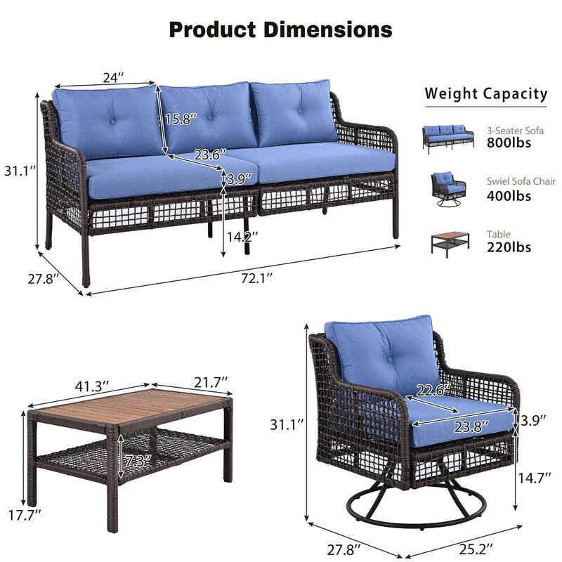 72.1''W Outdoor Conversation Wicker Sofas 4 Pieces Patio Furniture Set with Swivel Chairs