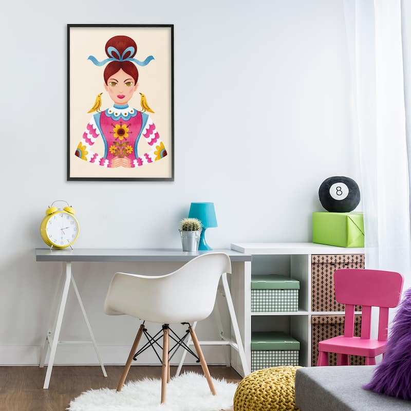 Stupell Brunette Girl with Birds Framed Giclee Art Design By Hannah Moren