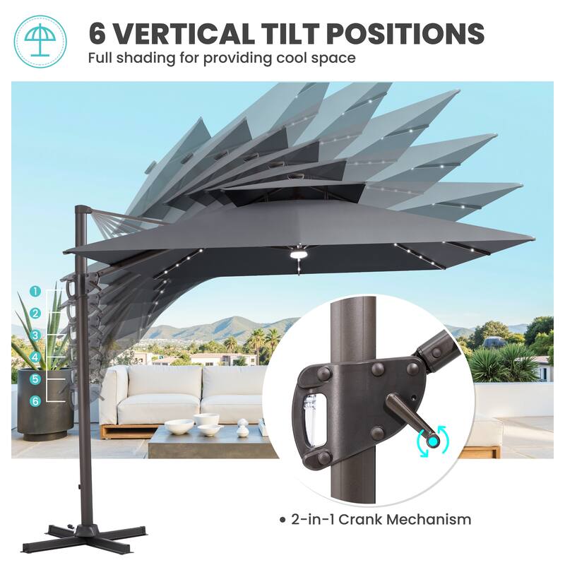 11 FT Square Outdoor Premium Double Top Solar Powered LED Patio Cantilever Umbrella