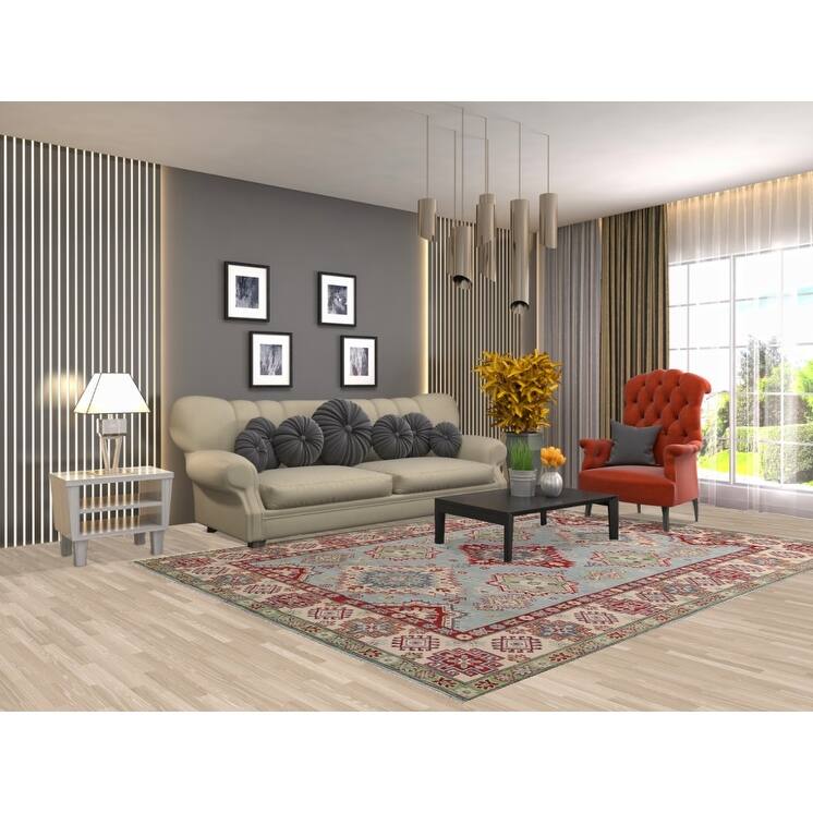 Light Blue Traditional Kazak Area Rug Hand-Knotted Wool Carpet - 6'9" x 9'4"