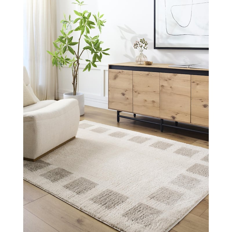 Livabliss Fossay Shag Modern & Contemporary Checkered Washable Area Rug - Light Beige/ Medium Gray - 6' 7" x 9'