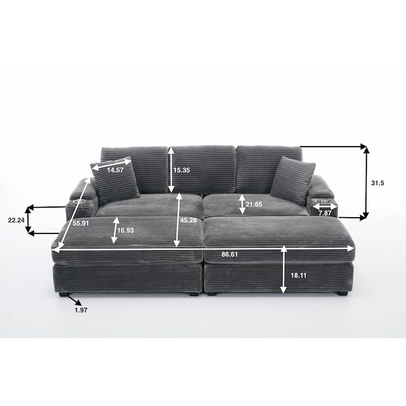 Modular Convertible Sectional Sofa with 2 Ottomans, 2 Seaters Corduroy Arms Couch, Loveseat Sofa with Cup Holders & USB Ports