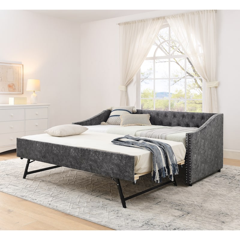 Twin Size Daybed with Pull Out Bed Trundle, Upholstered Button-Tufted Backrest Sofa Bed with Nailhead Trim & USB Charging Ports