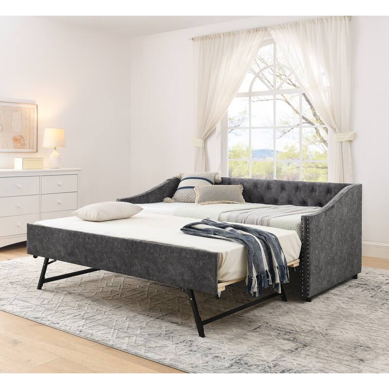 Twin Size Extendable Daybed with Pull-Out Bed, USB Charging Ports, Button Tufted Back & Nailhead Trim - Grey - Twin