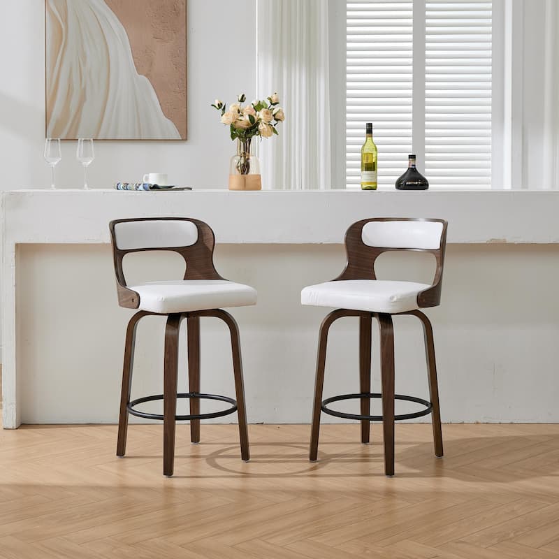 SEYNAR PU Leather 360 Degree Swivel Open Back Bar Stools Wood Legs Set of 2 - White