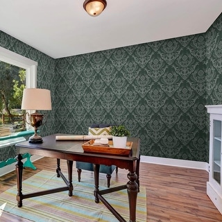 Green Damask Basic Peel and Stick Removable Wallpaper 6296