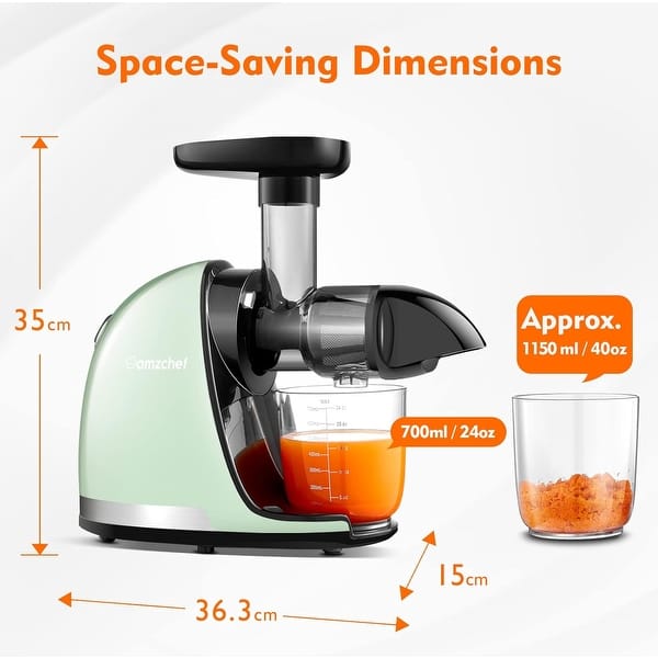 dimension image slide 0 of 5, AMZCHEF Slow Cold Press Juicer with Reverse Function, Masticating Juicer with 2 Cups & Brush, 150W, 90-110 RPM
