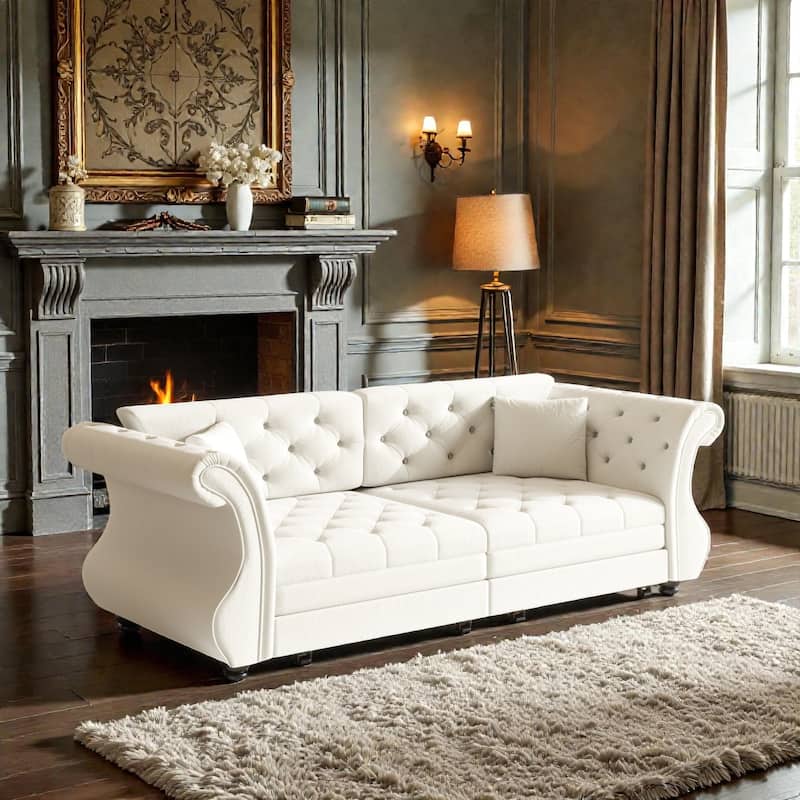 83.8 Inch Chesterfield Pull Out Sofa Bed, Velvet Roll Arm Couch with Flower Tufting, Convertible Sleeper - Beige