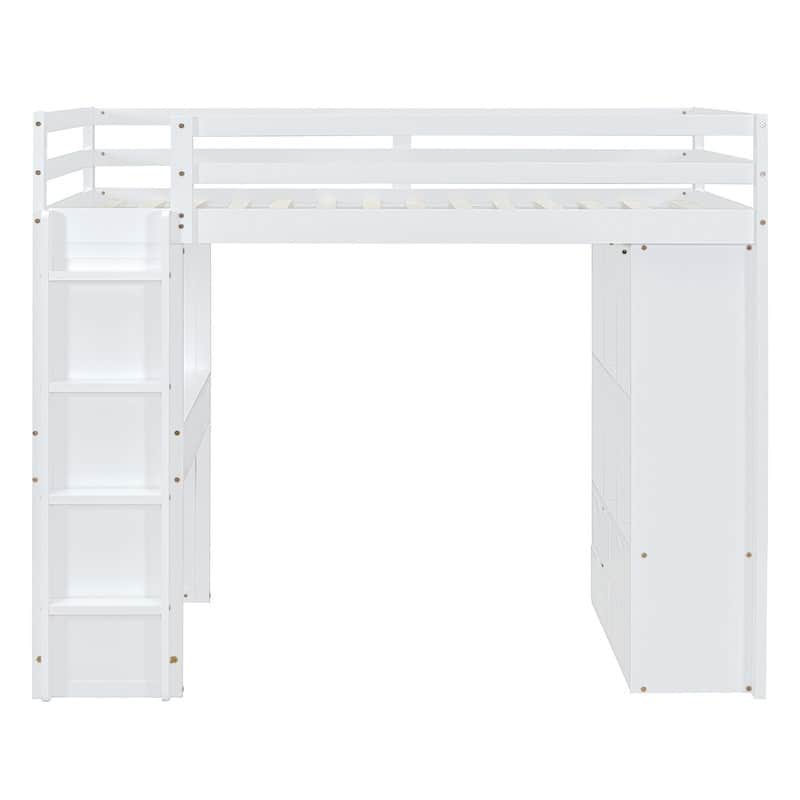 Full Size Solid Wood Loft Bed with Desk,Shelves,and LED Light