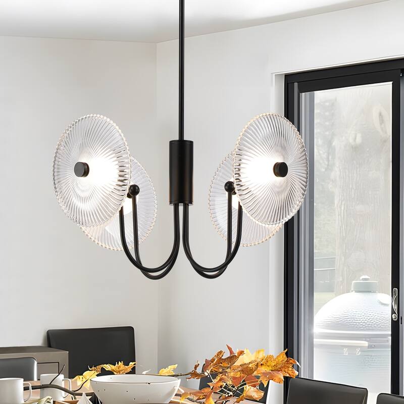 Nordic Ribbed Glass 4 Light LED Integrated Geometric Chandelier Gold or Black