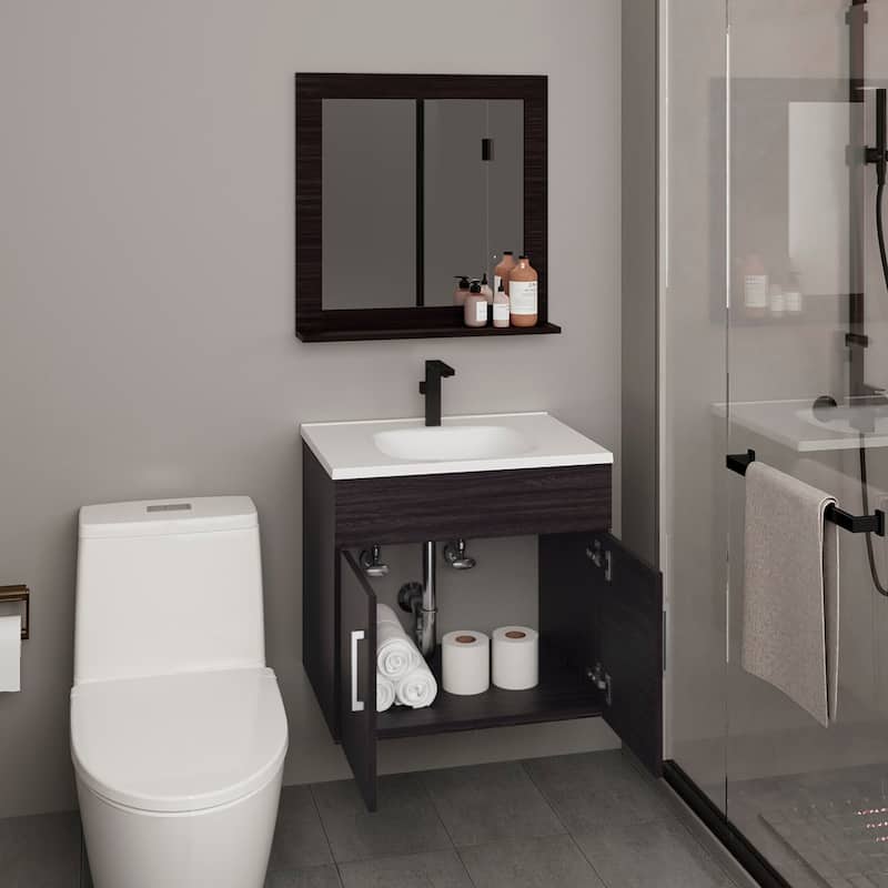 Bathroom Mirror Cabinet with Two Interior Shelves, Wall-Mounted Storage Black
