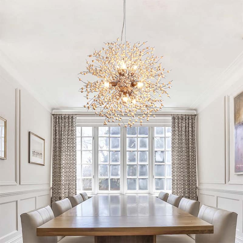9-Light Modern Firework Sphere Chandelier with Wooden Beads for Dining Room and Living Room