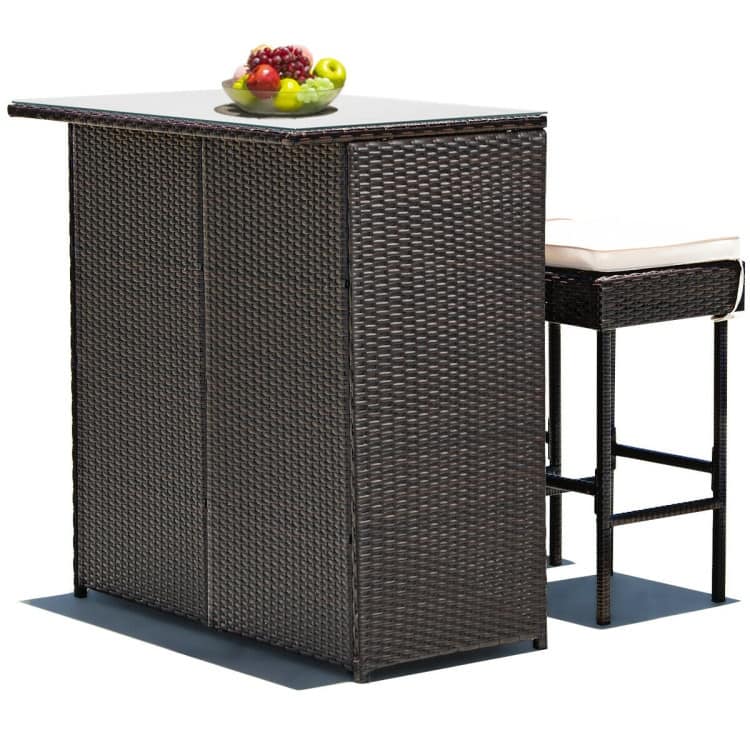 3-Piece Patio Rattan Wicker Bar Set with 2 Cushioned Stools for Outdoor Entertaining - 40" x 24" x 41.5" (L x W x H)