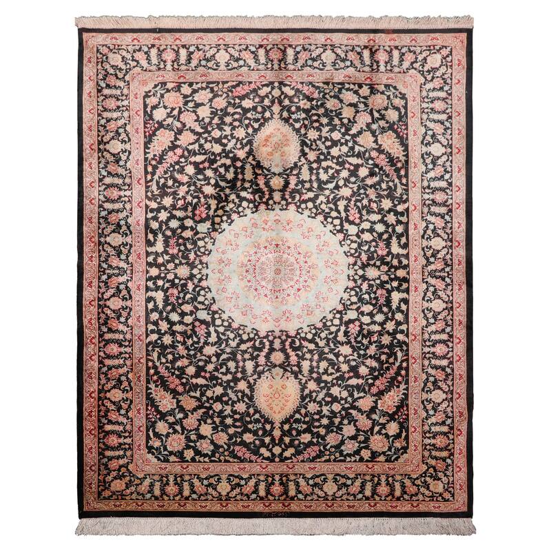 4'5''x6'4'' Hand Knotted Charcoal Qum All Silk Traditional area Rug - 4' 5'' x 6' 4'' - 4' 5'' x 6' 4''