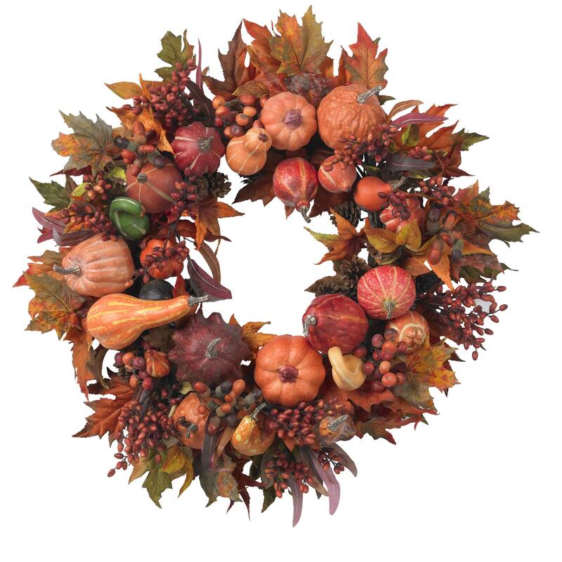 Autumn Harvest Maple Berries and Pinecones Wreath, 28-Inch, Unlit