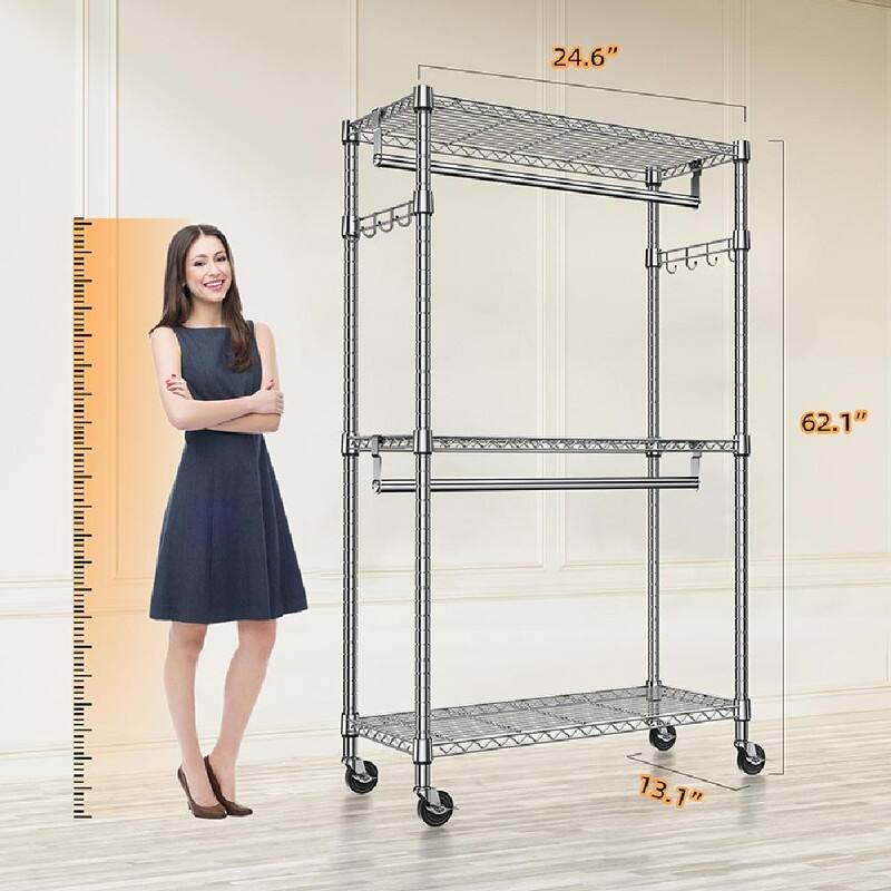 Heavy Duty Rolling Garment Rack with Wheels, 3-Tier Adjustable Wire Shelving, Clothes Rack with 2 Rods & Side Hooks